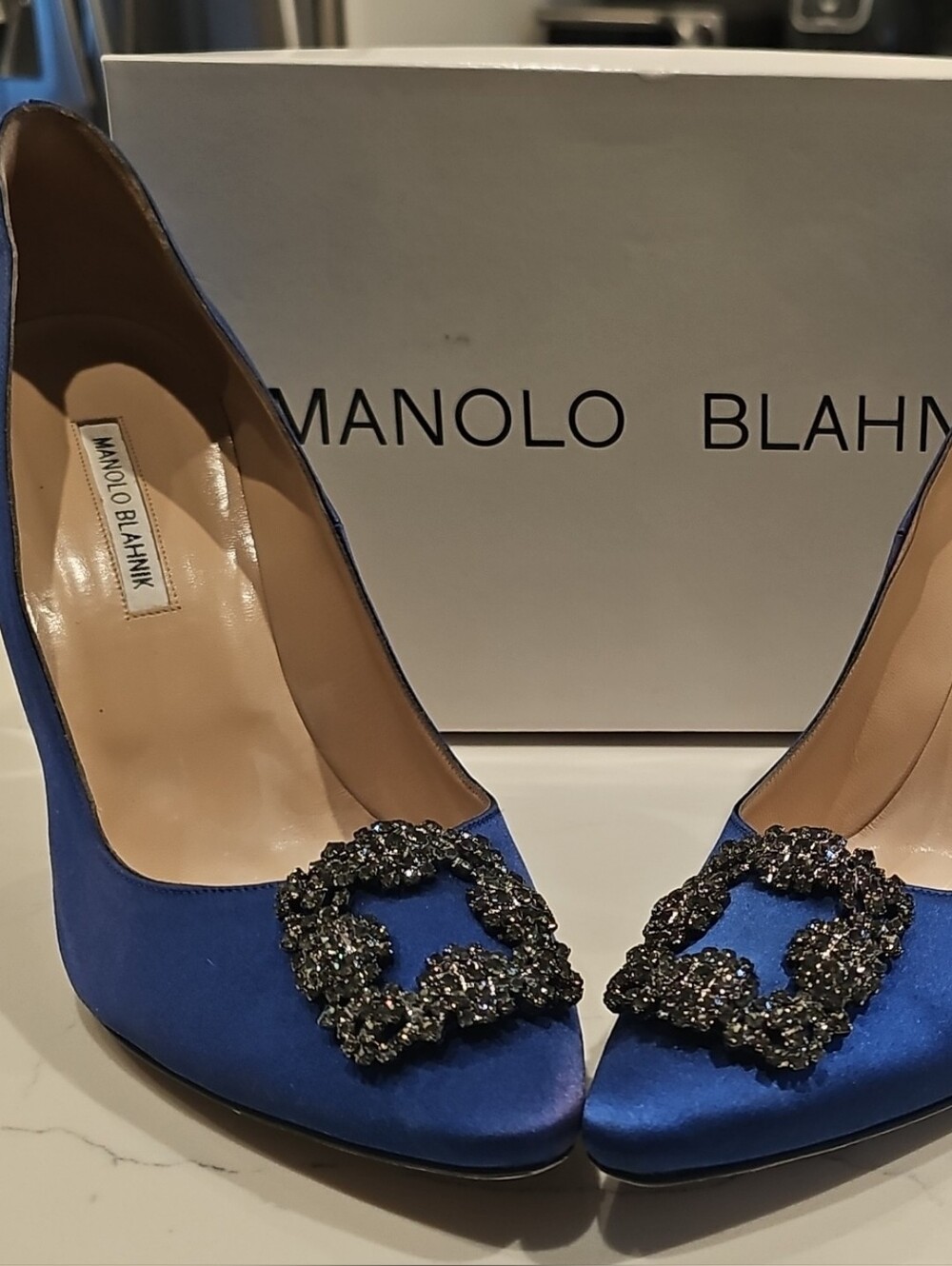 Manolo Blahnik Royal Blue Satin Crystal-Embellished Pumps
